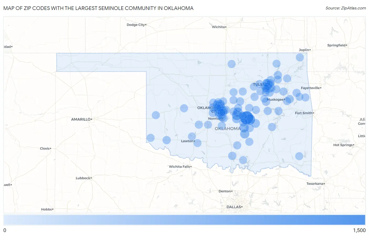 Zip Codes with the Largest Seminole Community in Oklahoma Map