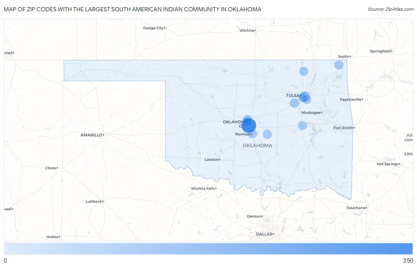 Zip Codes with the Largest South American Indian Community in Oklahoma Map