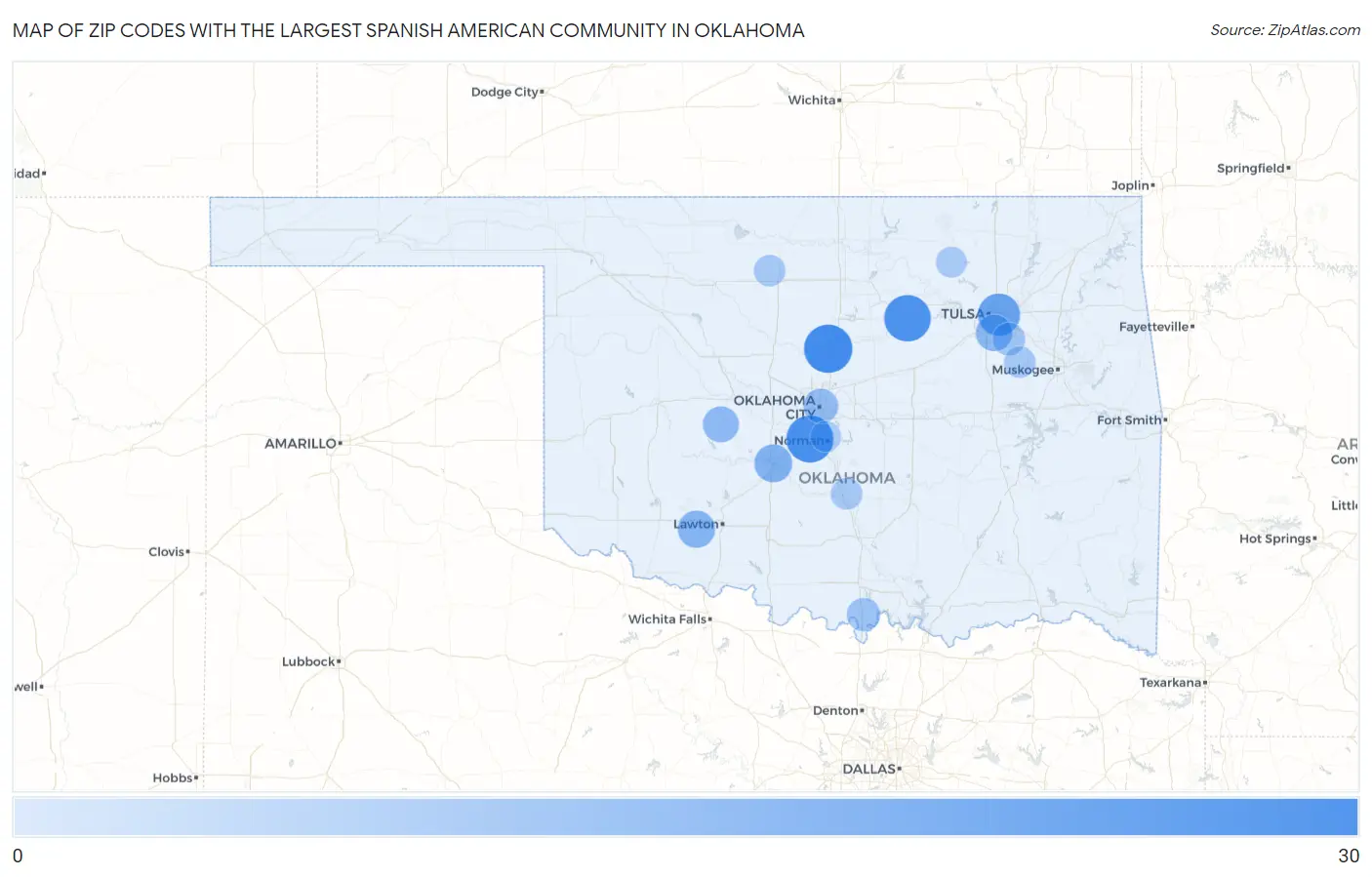 Zip Codes with the Largest Spanish American Community in Oklahoma Map