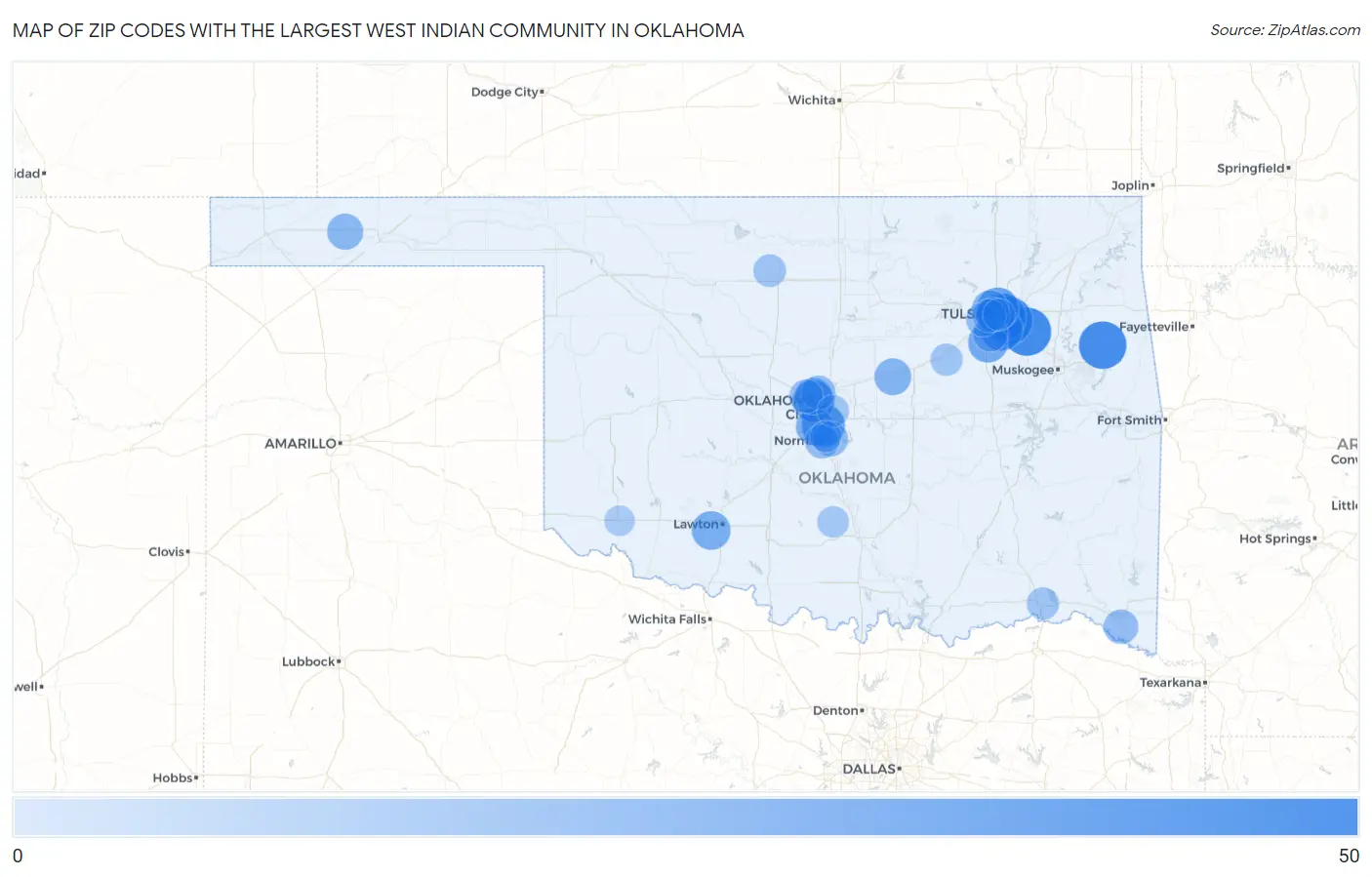 Zip Codes with the Largest West Indian Community in Oklahoma Map