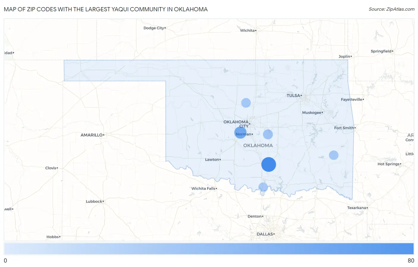 Zip Codes with the Largest Yaqui Community in Oklahoma Map