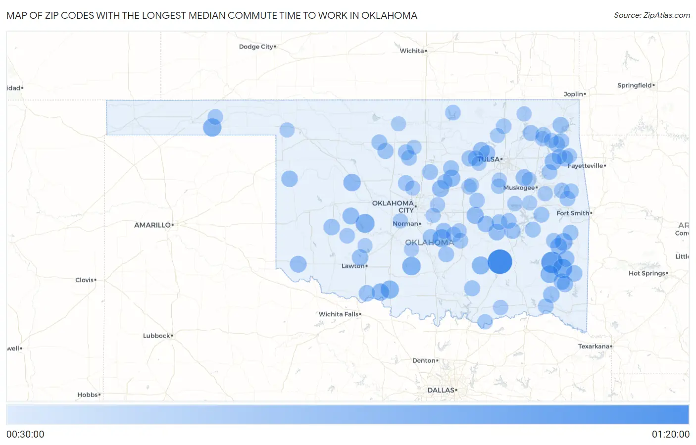 Zip Codes with the Longest Median Commute Time to Work in Oklahoma Map