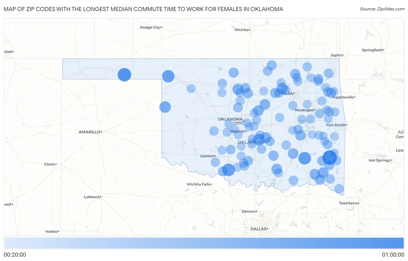 Zip Codes with the Longest Median Commute Time to Work for Females in Oklahoma Map