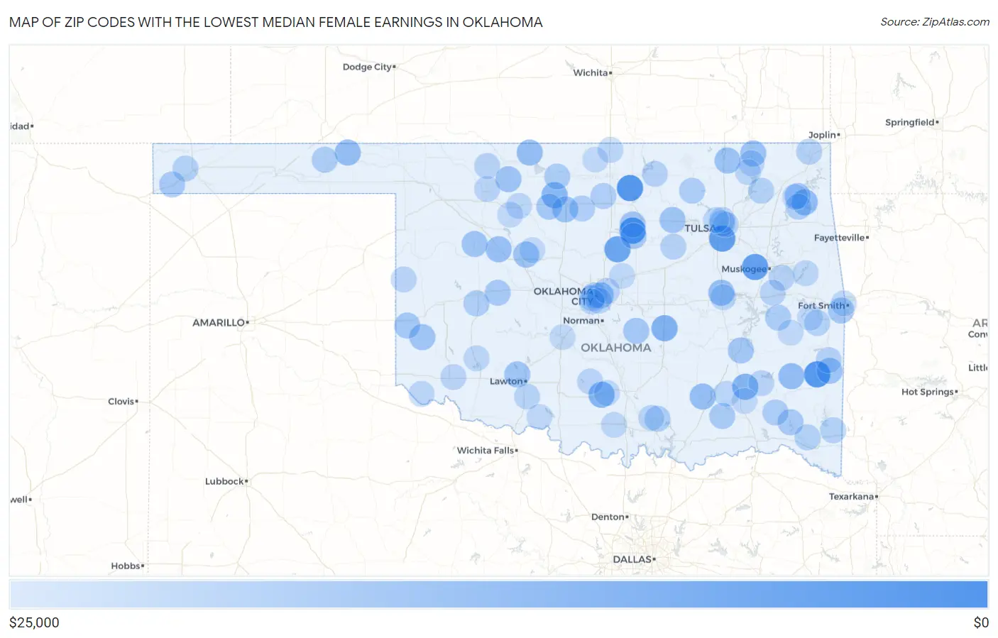 Zip Codes with the Lowest Median Female Earnings in Oklahoma Map