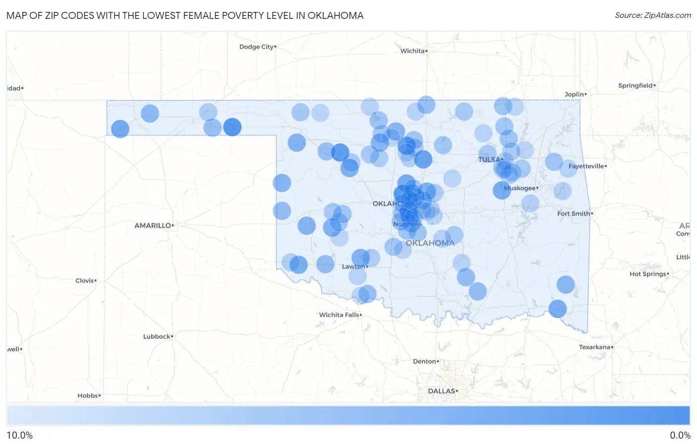 Zip Codes with the Lowest Female Poverty Level in Oklahoma Map