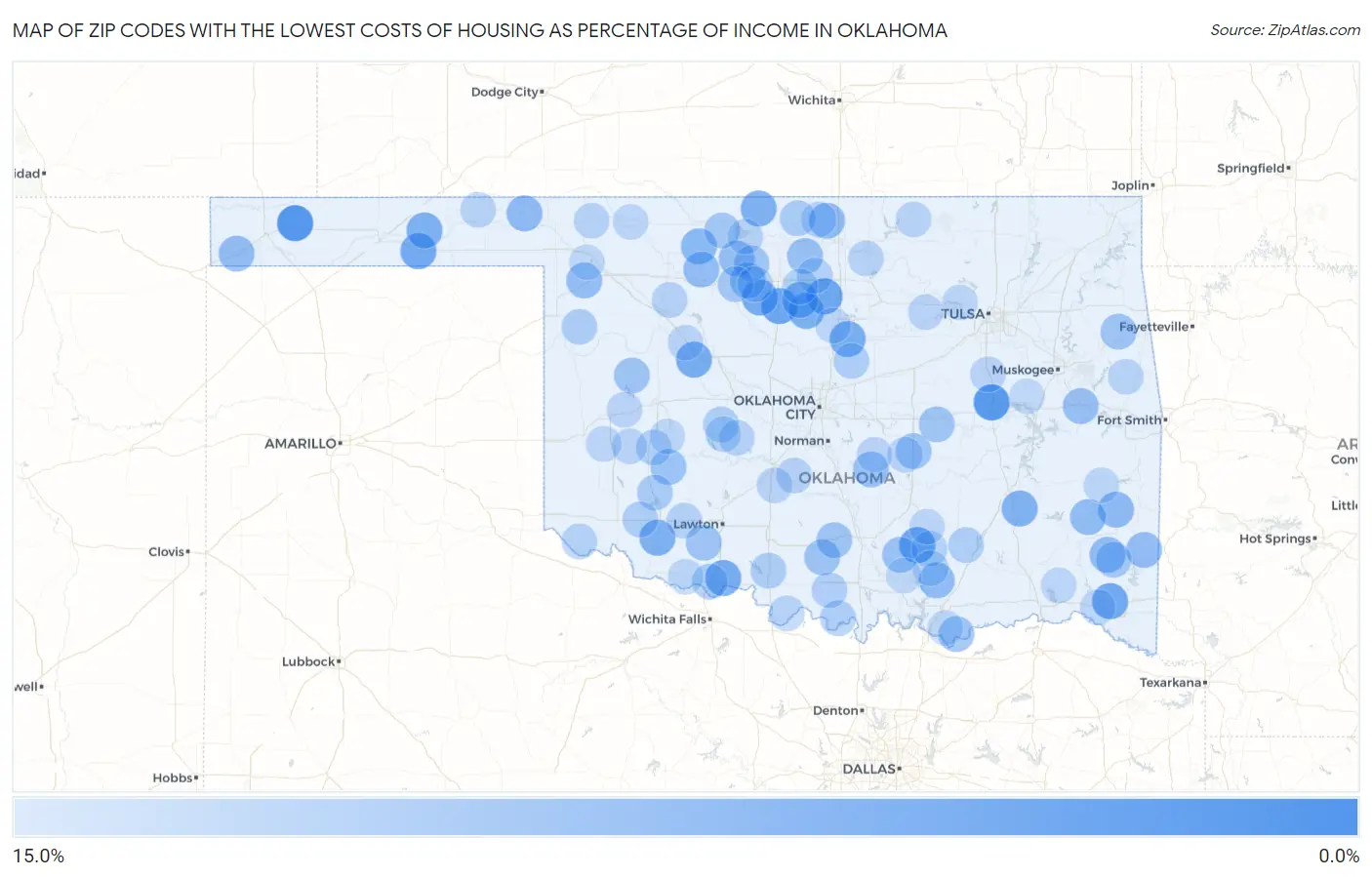 Zip Codes with the Lowest Costs of Housing as Percentage of Income in Oklahoma Map