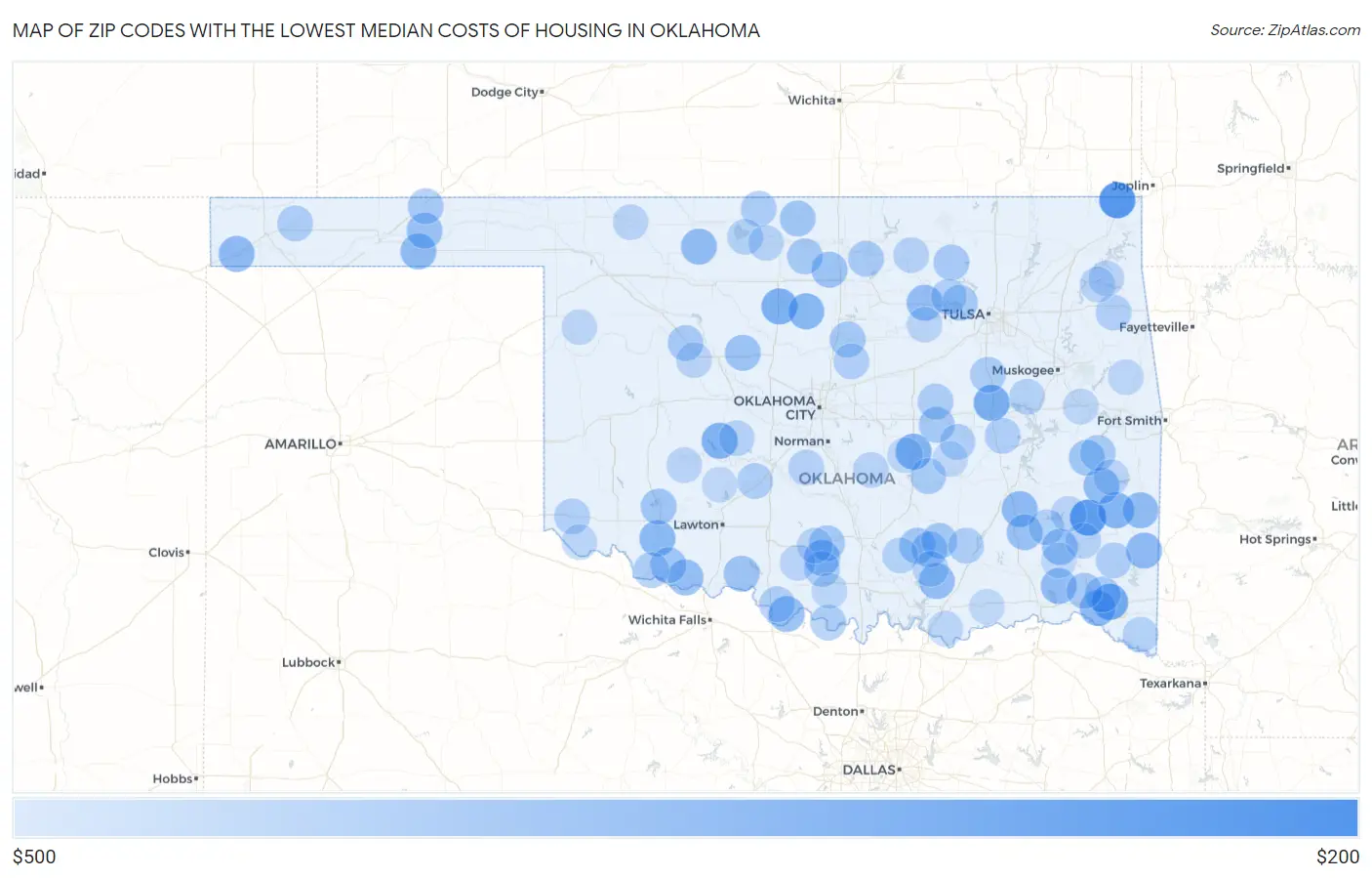 Zip Codes with the Lowest Median Costs of Housing in Oklahoma Map