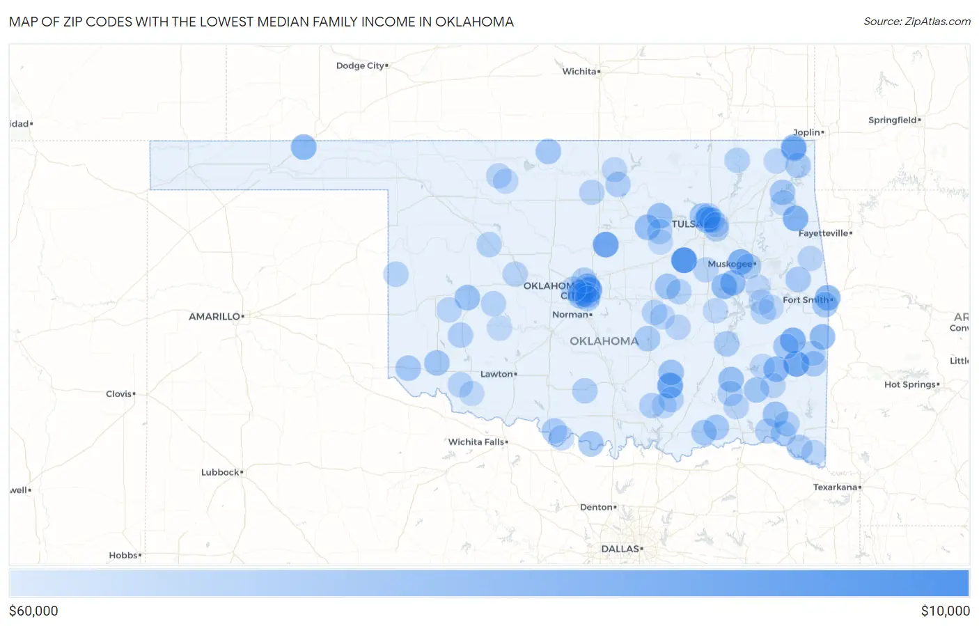Zip Codes with the Lowest Median Family Income in Oklahoma Map