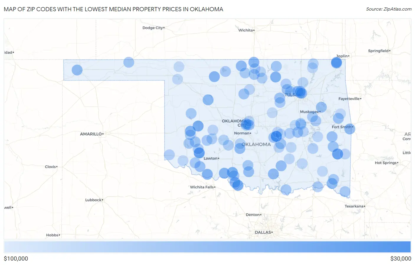 Zip Codes with the Lowest Median Property Prices in Oklahoma Map