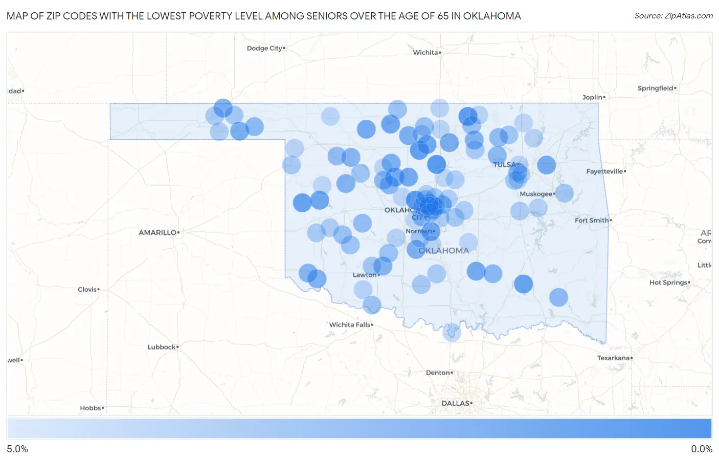 Zip Codes with the Lowest Poverty Level Among Seniors Over the Age of 65 in Oklahoma Map