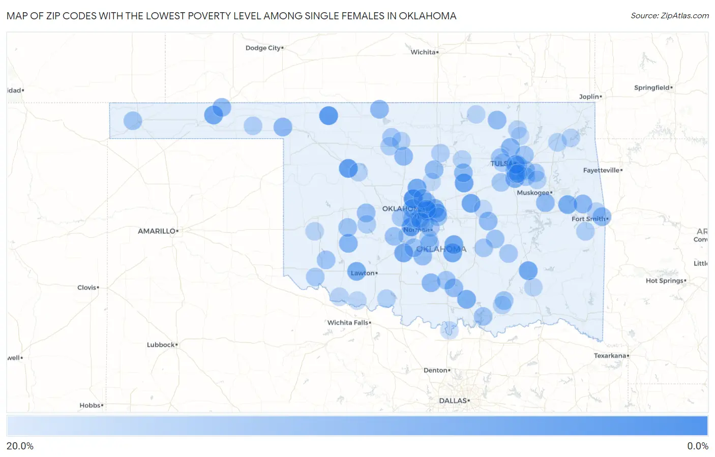 Zip Codes with the Lowest Poverty Level Among Single Females in Oklahoma Map