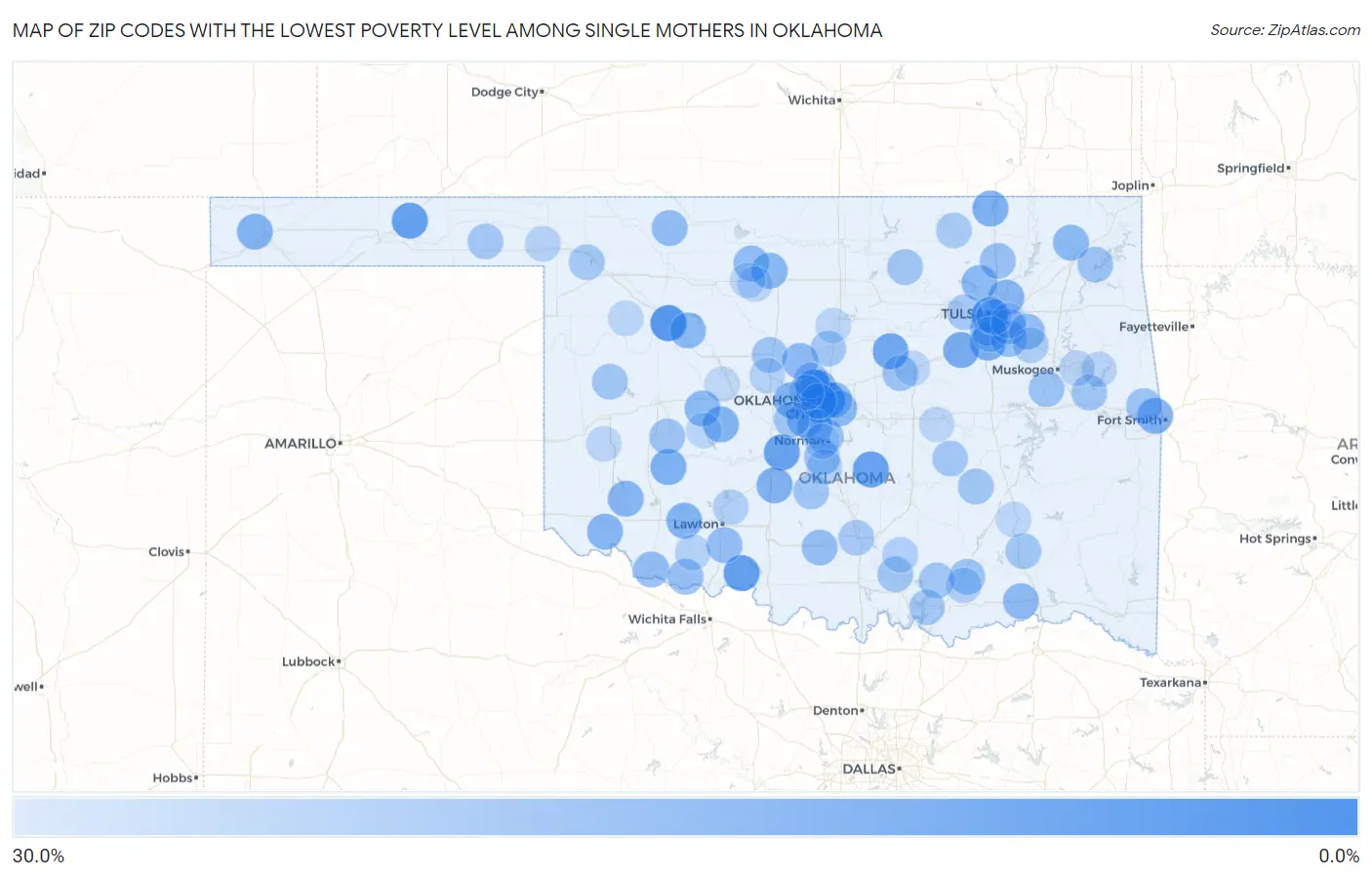 Zip Codes with the Lowest Poverty Level Among Single Mothers in Oklahoma Map