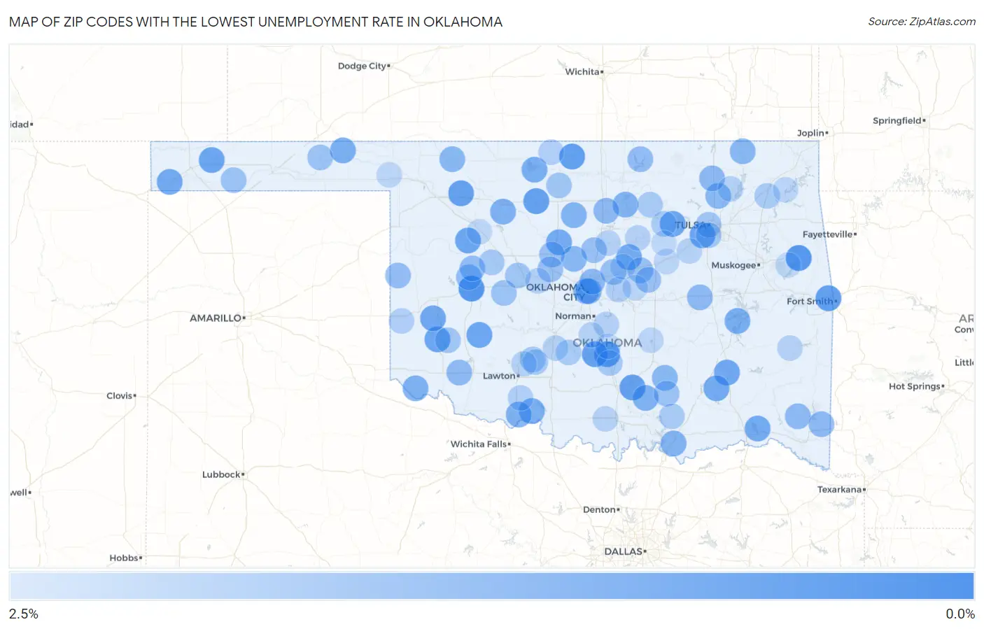 Zip Codes with the Lowest Unemployment Rate in Oklahoma Map