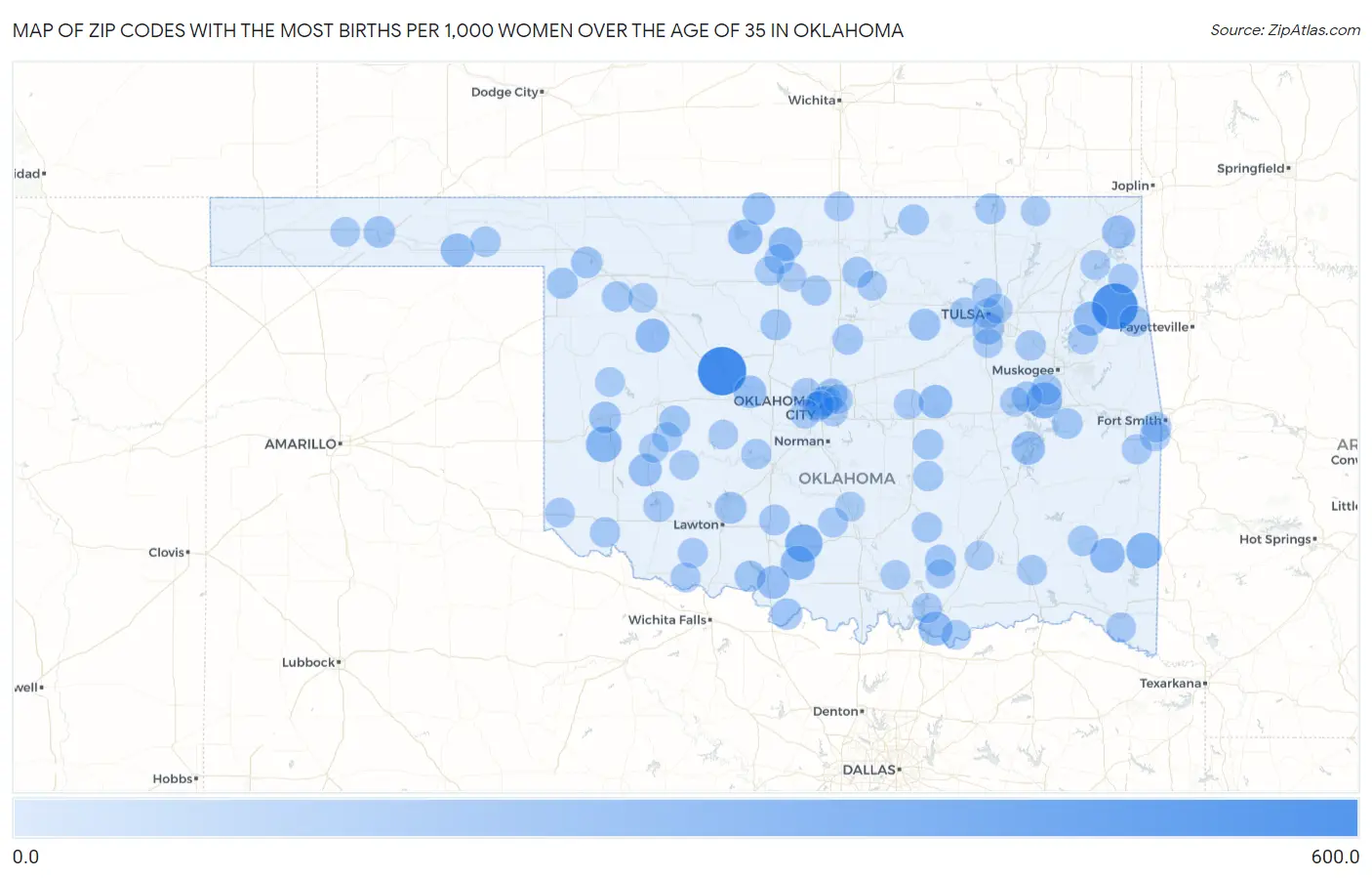Zip Codes with the Most Births per 1,000 Women Over the Age of 35 in Oklahoma Map