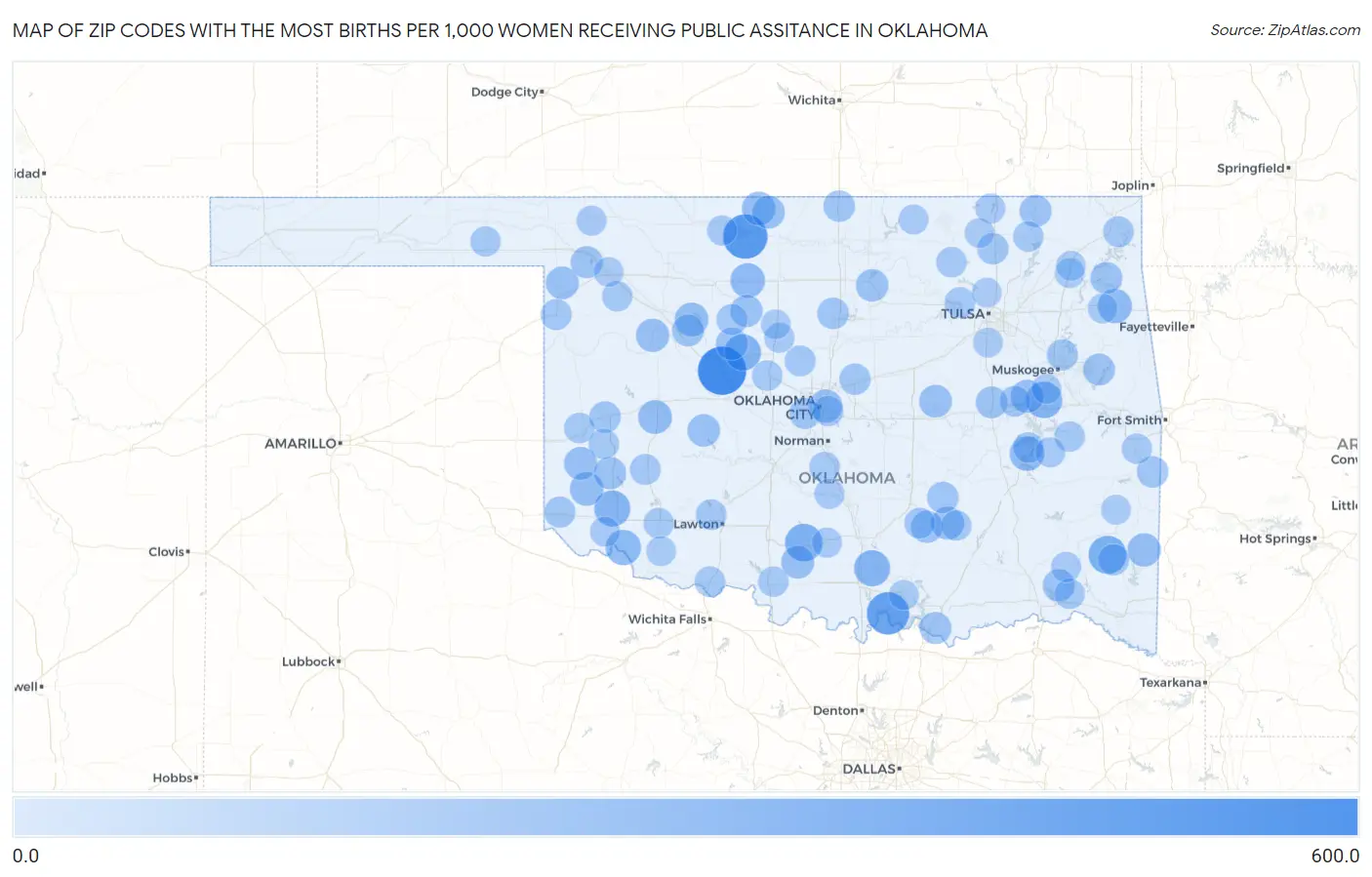 Zip Codes with the Most Births per 1,000 Women Receiving Public Assitance in Oklahoma Map