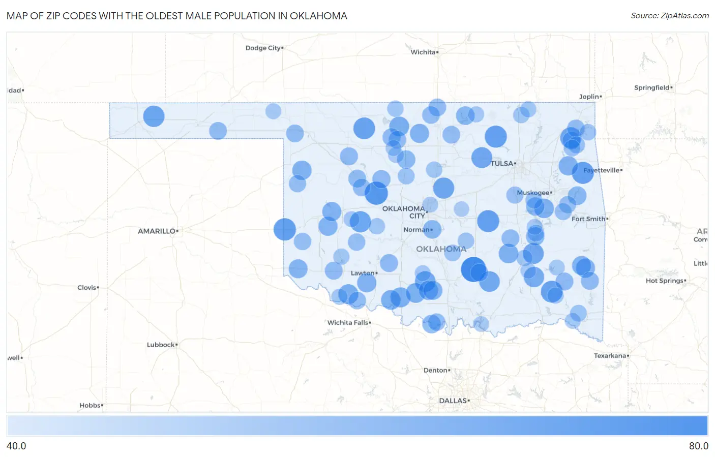 Zip Codes with the Oldest Male Population in Oklahoma Map