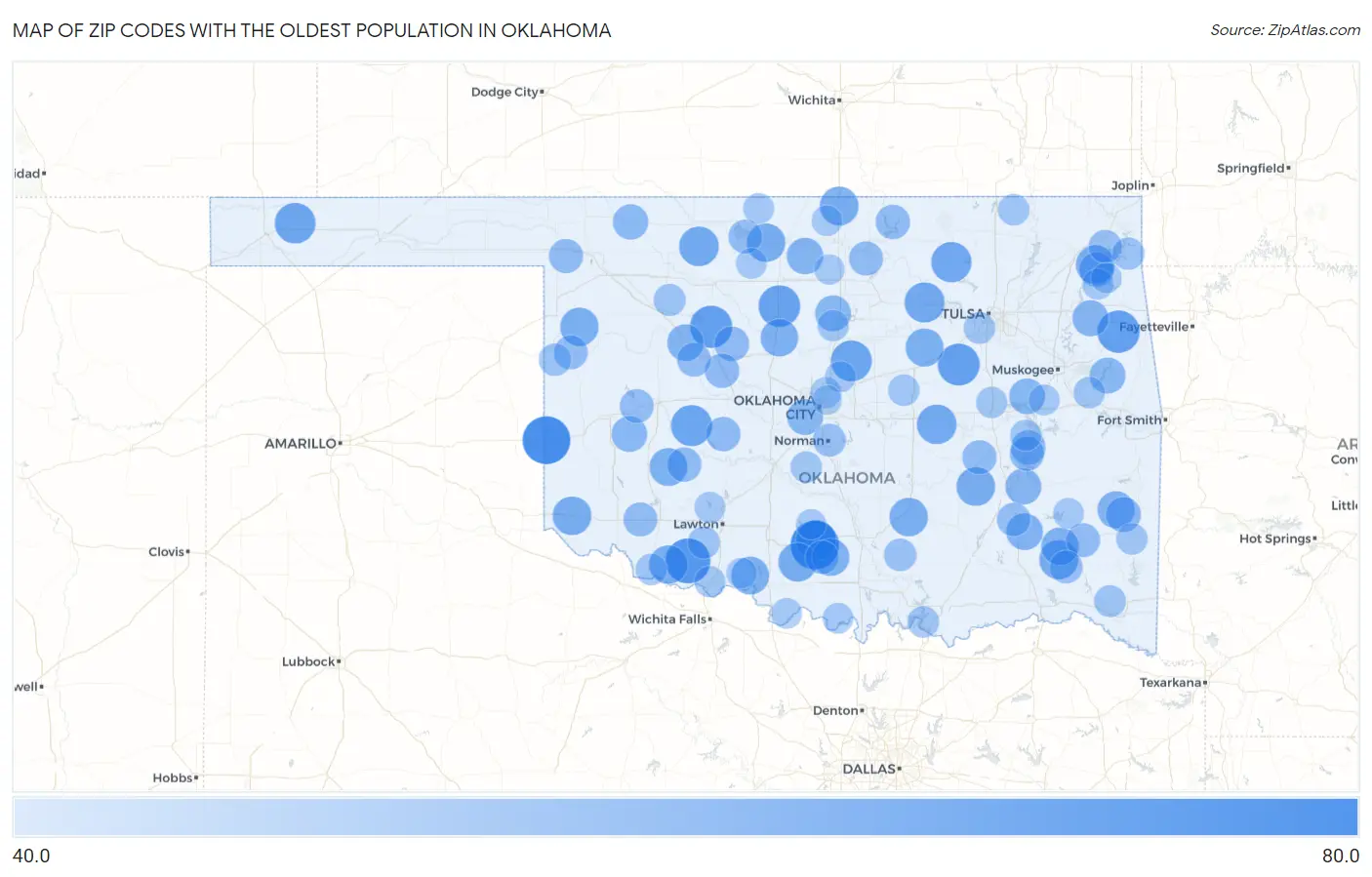 Zip Codes with the Oldest Population in Oklahoma Map