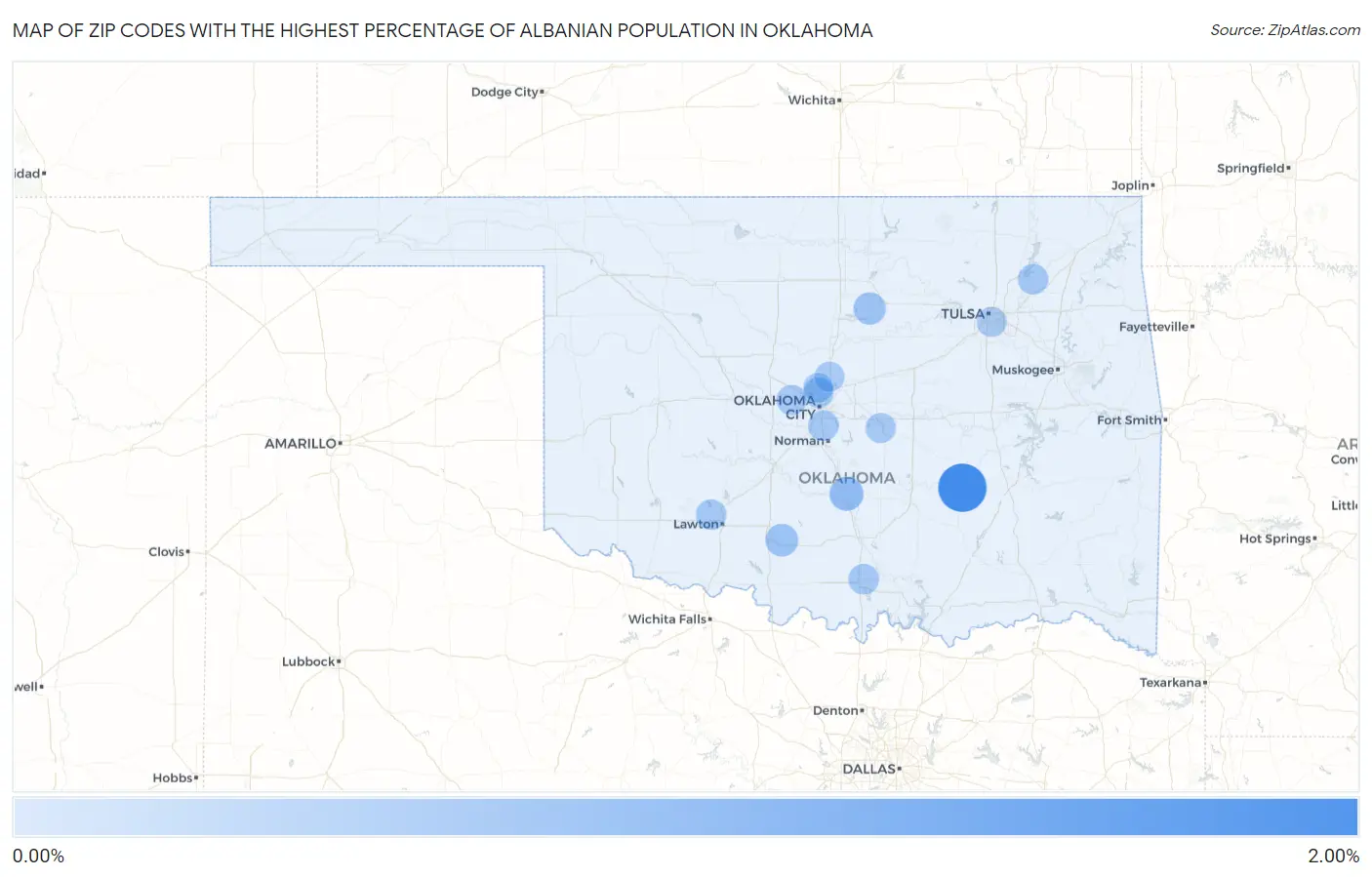 Zip Codes with the Highest Percentage of Albanian Population in Oklahoma Map