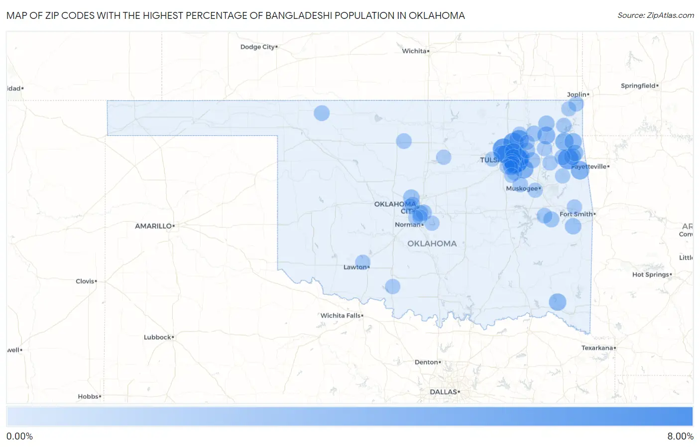 Zip Codes with the Highest Percentage of Bangladeshi Population in Oklahoma Map