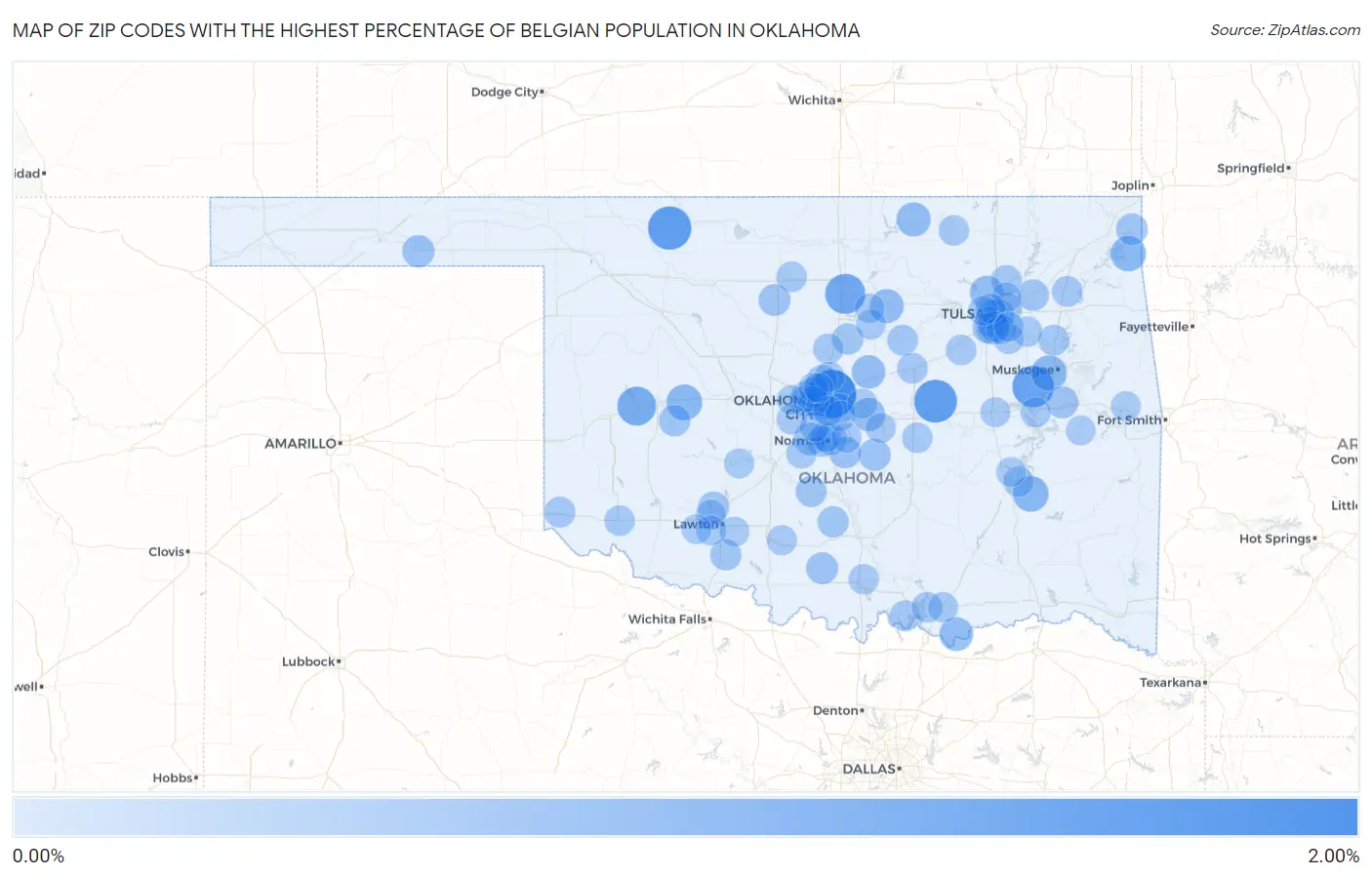 Zip Codes with the Highest Percentage of Belgian Population in Oklahoma Map