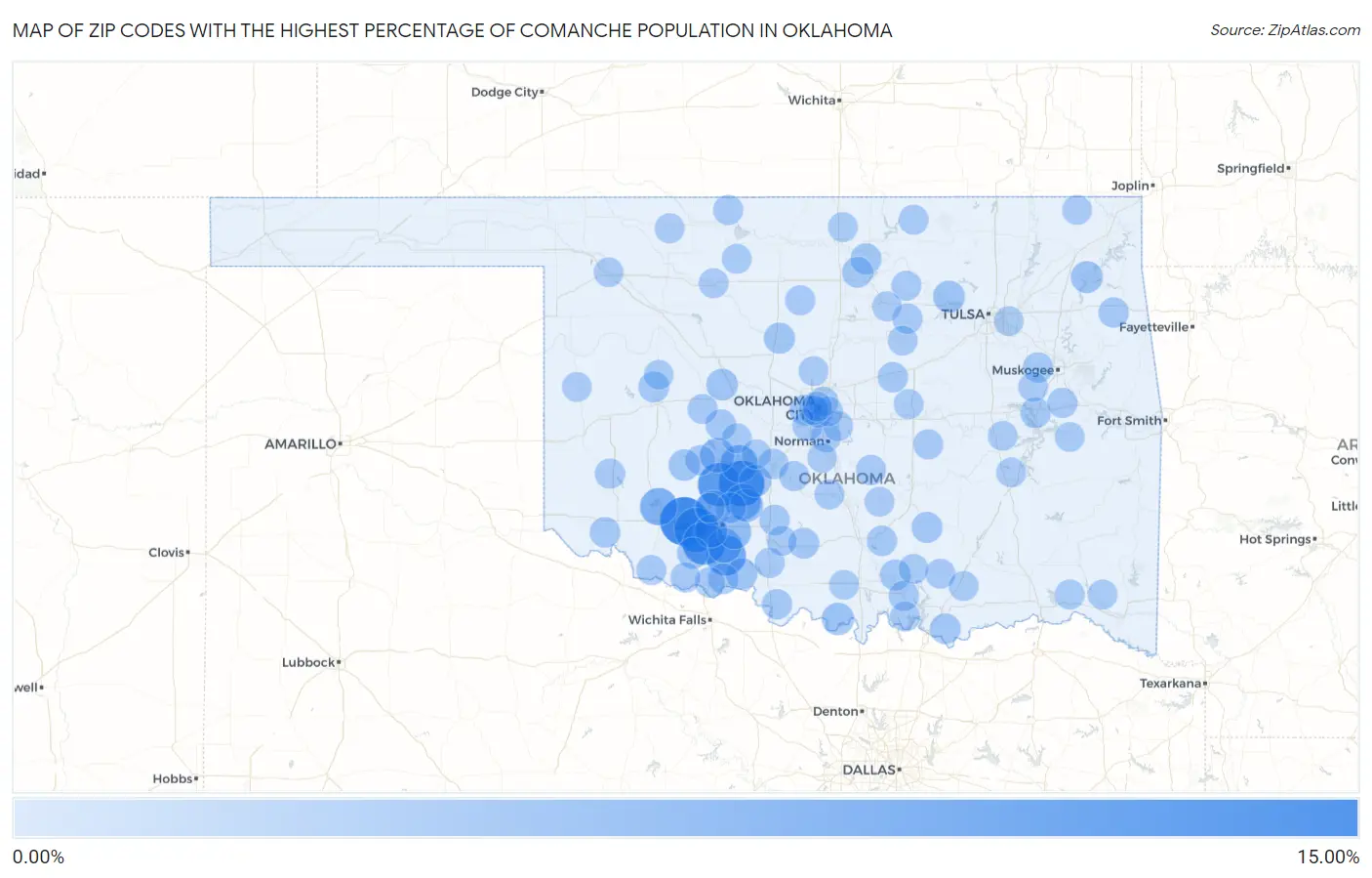 Zip Codes with the Highest Percentage of Comanche Population in Oklahoma Map