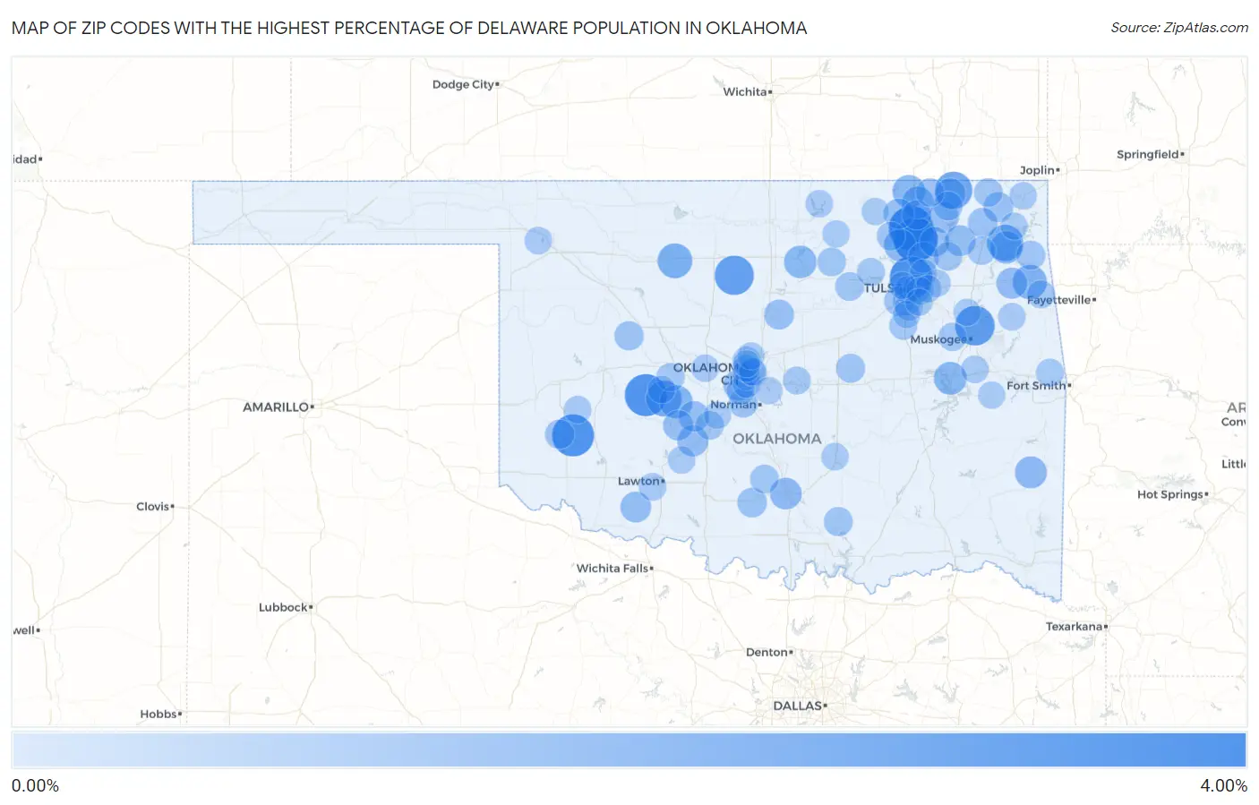 Zip Codes with the Highest Percentage of Delaware Population in Oklahoma Map