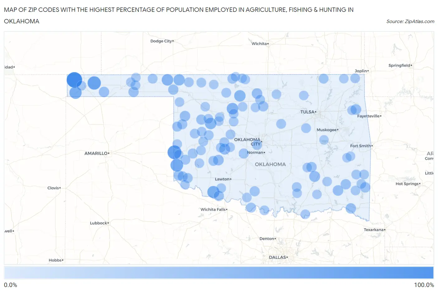 Zip Codes with the Highest Percentage of Population Employed in Agriculture, Fishing & Hunting in Oklahoma Map