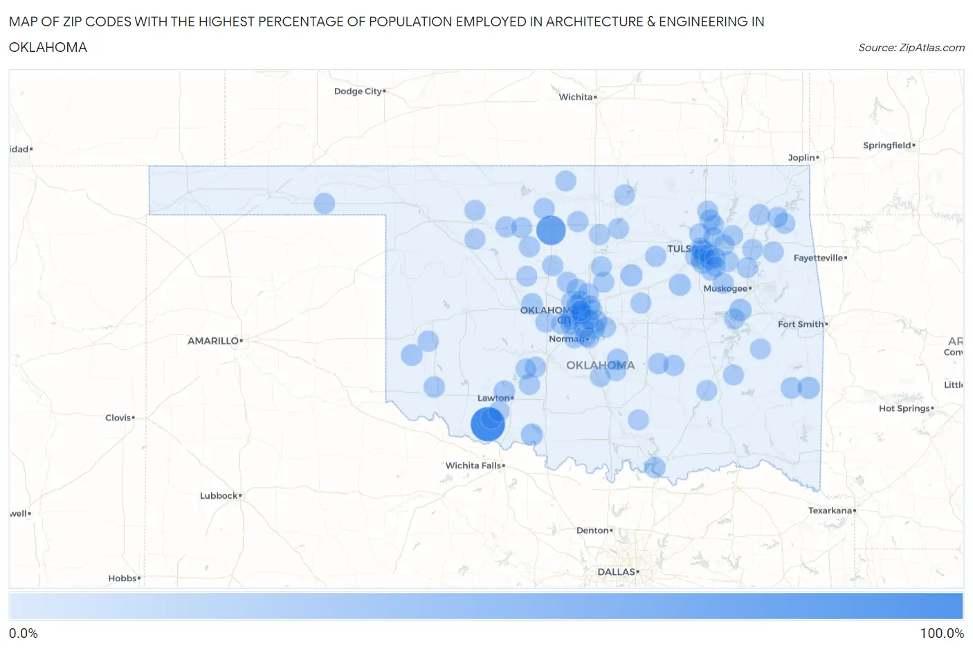 Zip Codes with the Highest Percentage of Population Employed in Architecture & Engineering in Oklahoma Map