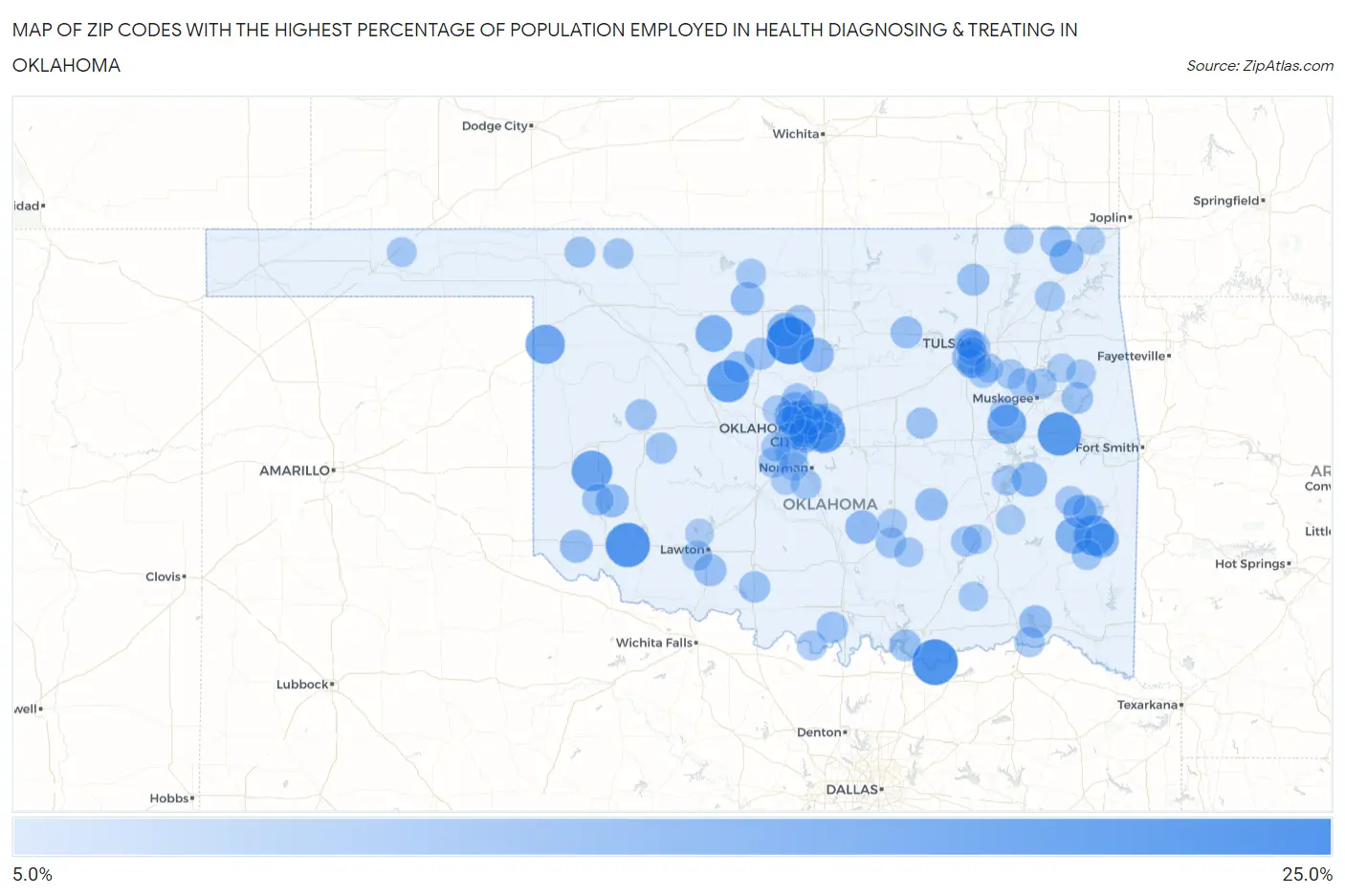 Zip Codes with the Highest Percentage of Population Employed in Health Diagnosing & Treating in Oklahoma Map