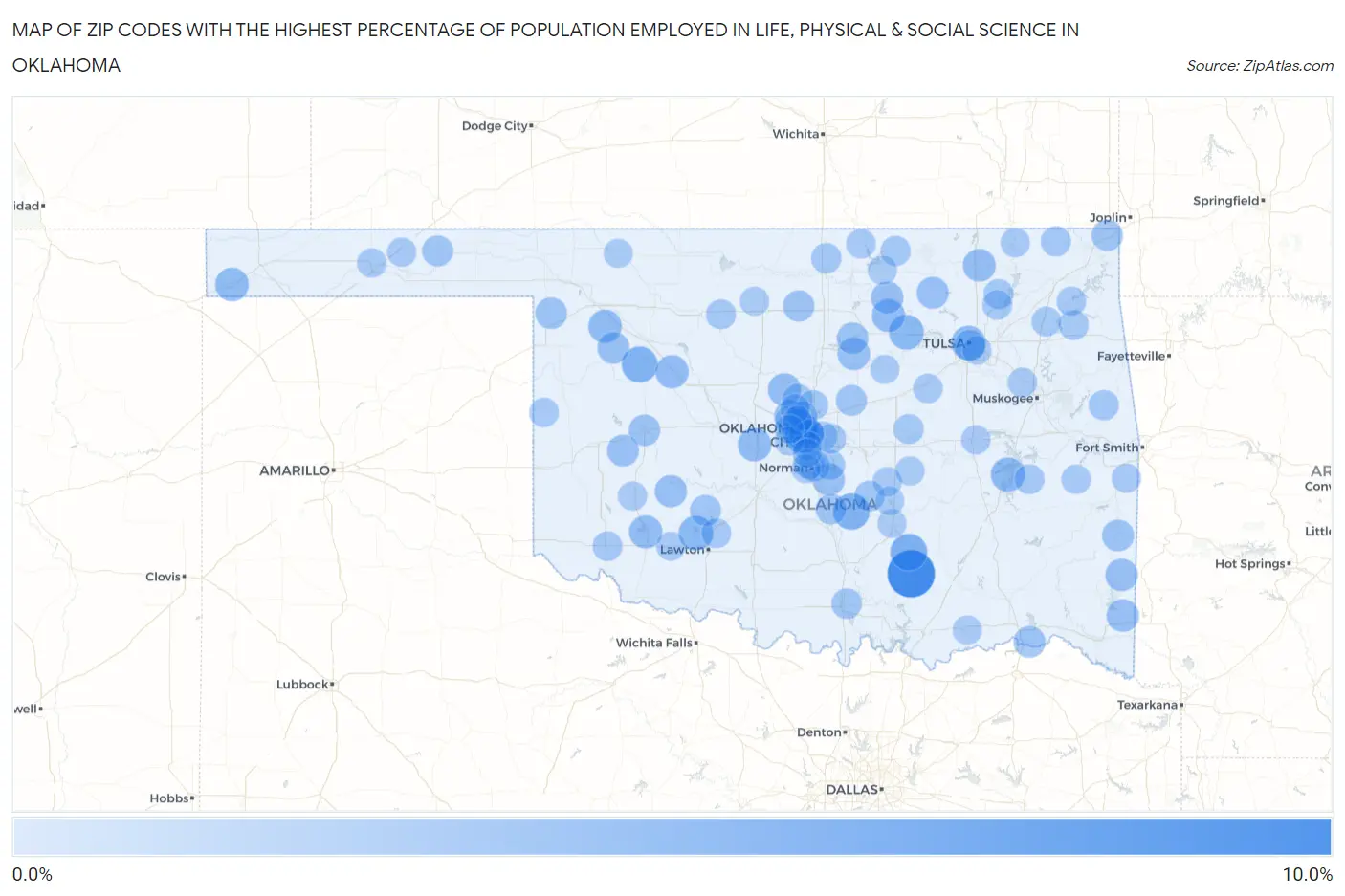 Zip Codes with the Highest Percentage of Population Employed in Life, Physical & Social Science in Oklahoma Map