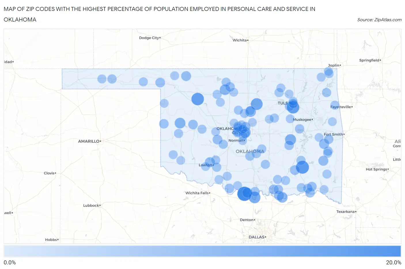 Zip Codes with the Highest Percentage of Population Employed in Personal Care and Service in Oklahoma Map