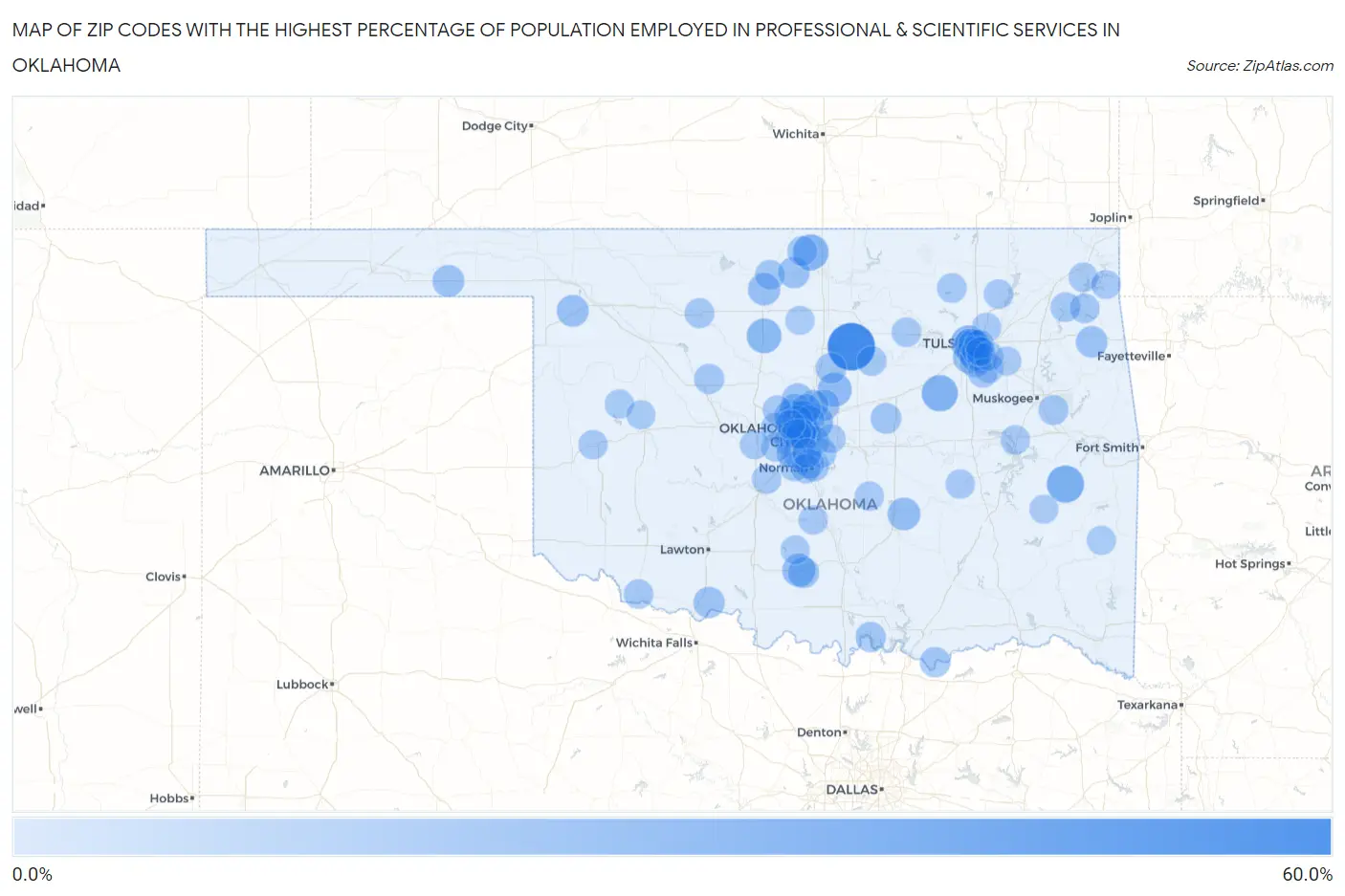 Zip Codes with the Highest Percentage of Population Employed in Professional & Scientific Services in Oklahoma Map