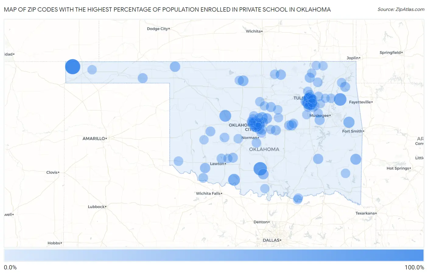 Zip Codes with the Highest Percentage of Population Enrolled in Private School in Oklahoma Map