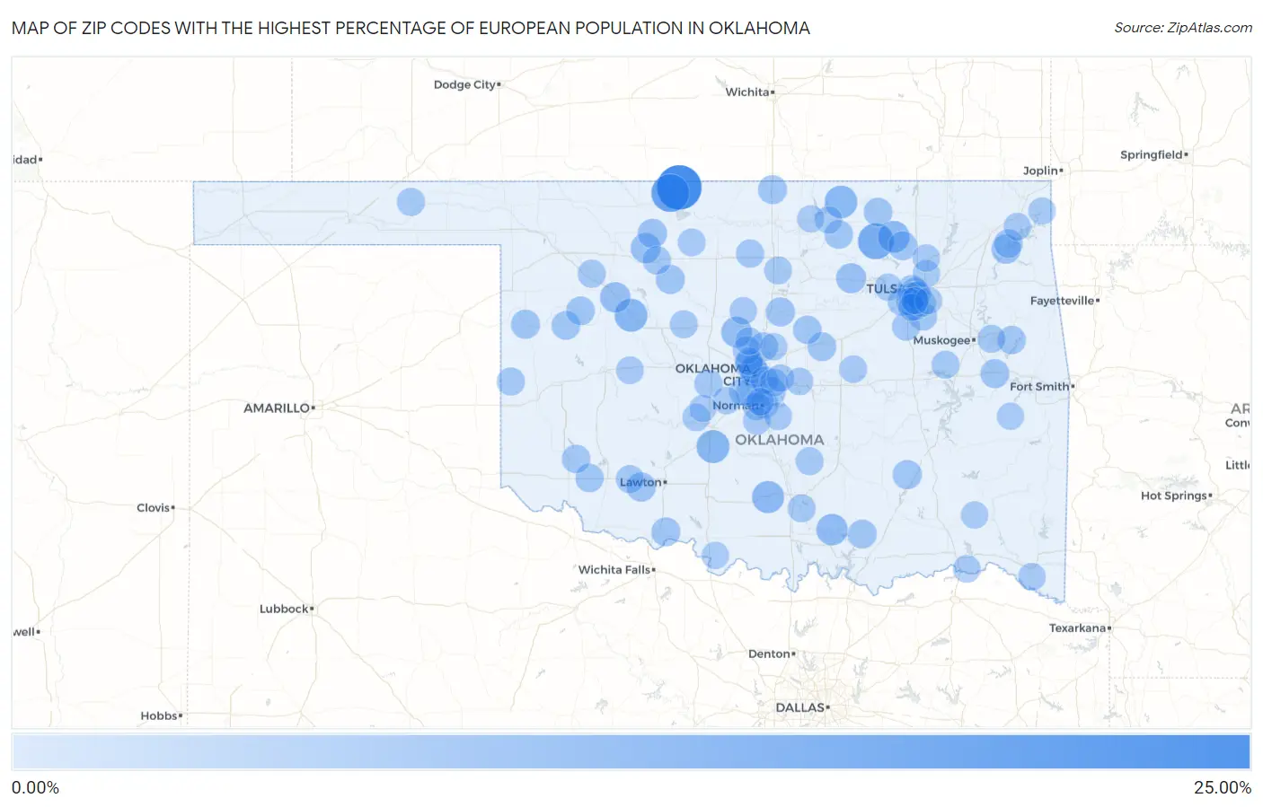Zip Codes with the Highest Percentage of European Population in Oklahoma Map