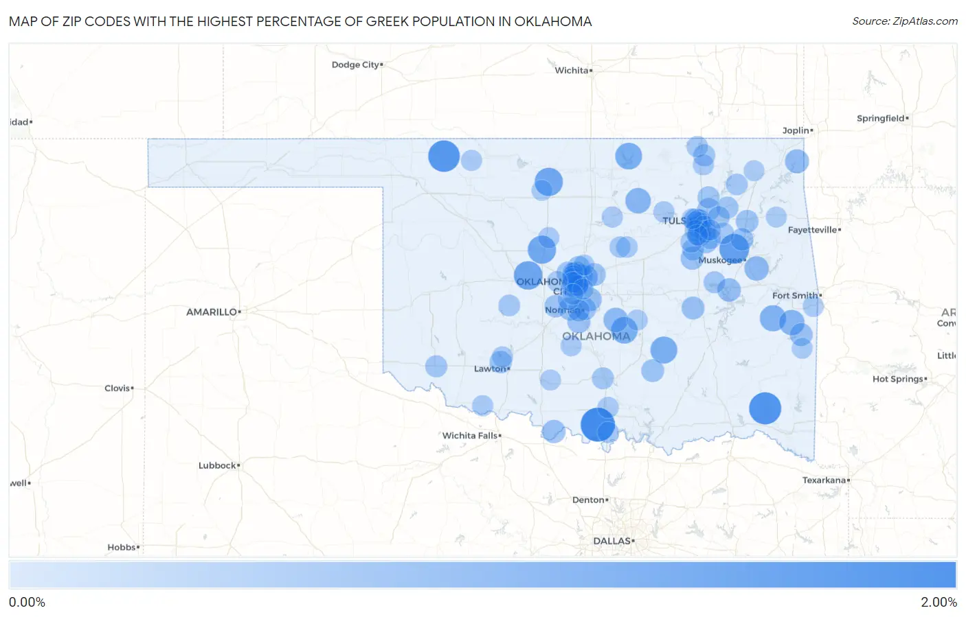 Zip Codes with the Highest Percentage of Greek Population in Oklahoma Map