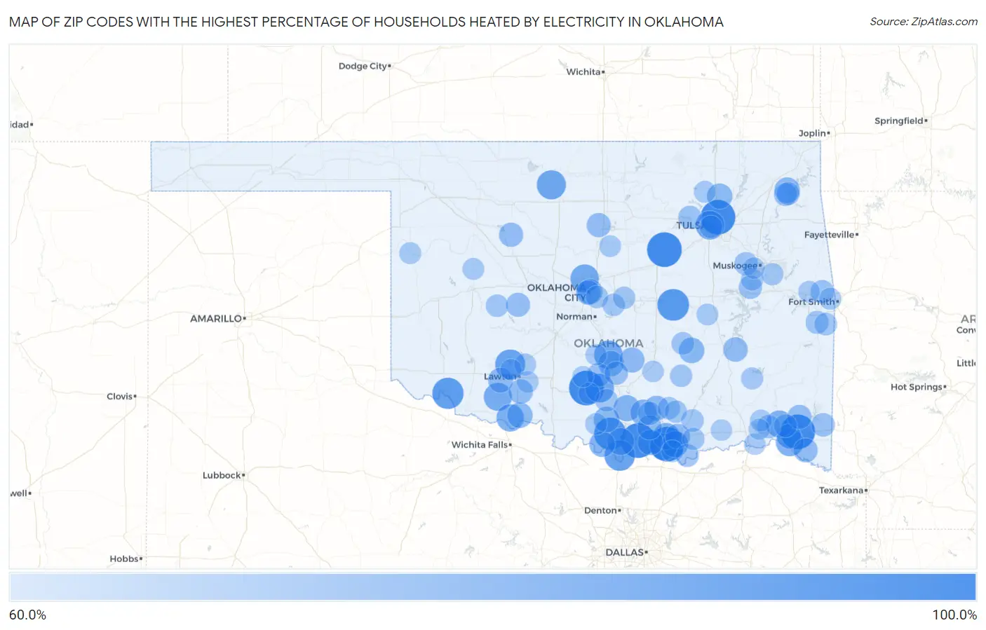 Zip Codes with the Highest Percentage of Households Heated by Electricity in Oklahoma Map