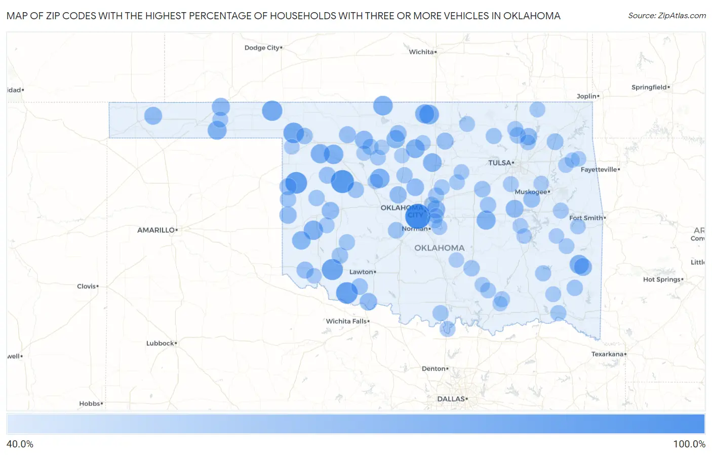 Zip Codes with the Highest Percentage of Households With Three or more Vehicles in Oklahoma Map