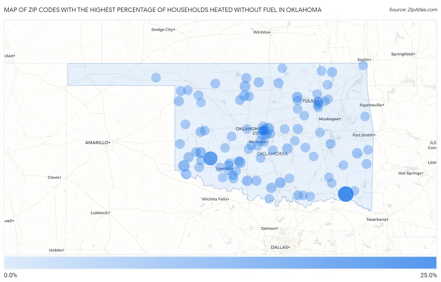 Zip Codes with the Highest Percentage of Households Heated without Fuel in Oklahoma Map