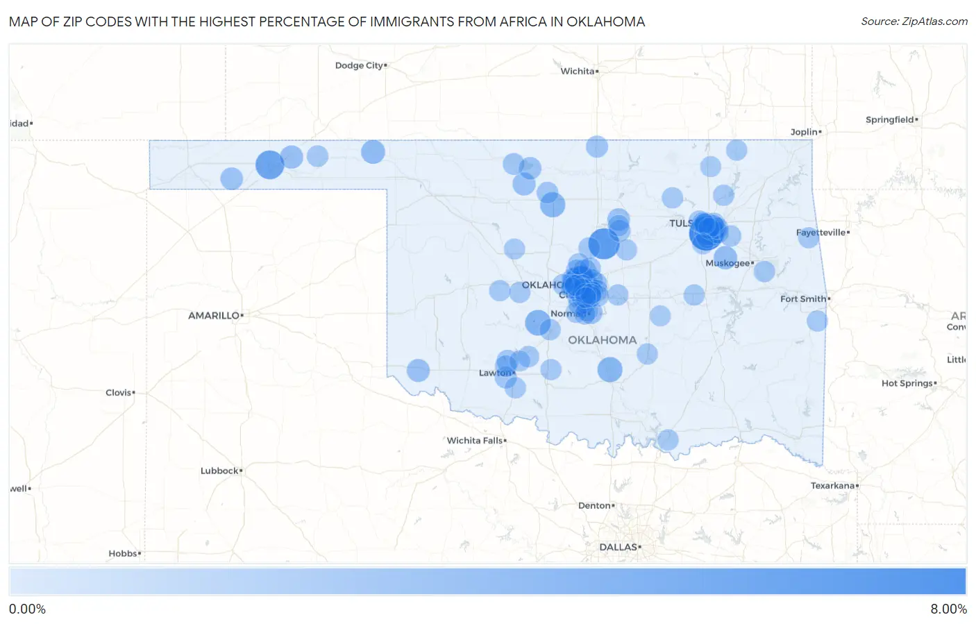 Zip Codes with the Highest Percentage of Immigrants from Africa in Oklahoma Map