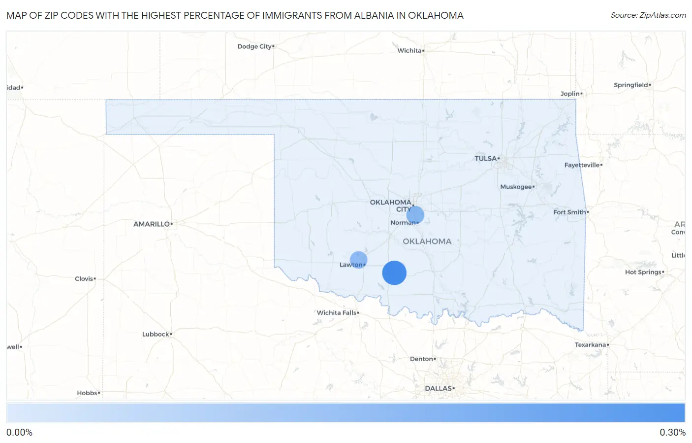 Zip Codes with the Highest Percentage of Immigrants from Albania in Oklahoma Map