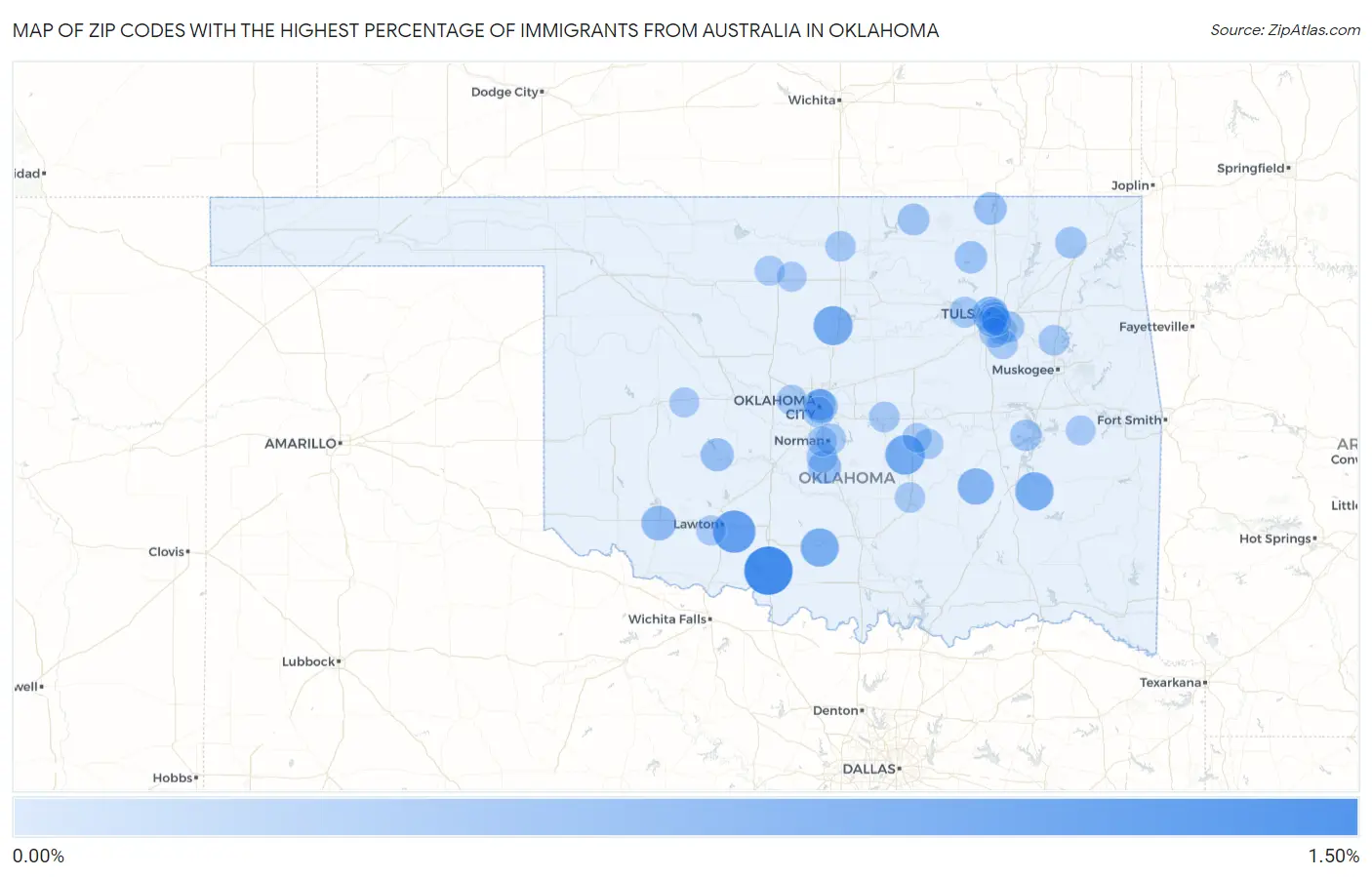Zip Codes with the Highest Percentage of Immigrants from Australia in Oklahoma Map