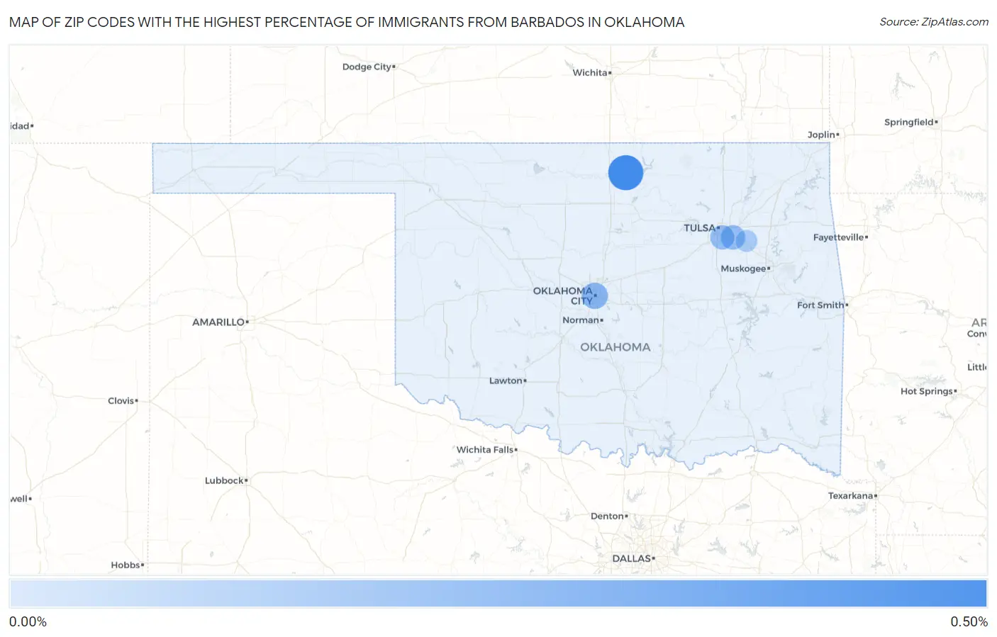 Zip Codes with the Highest Percentage of Immigrants from Barbados in Oklahoma Map