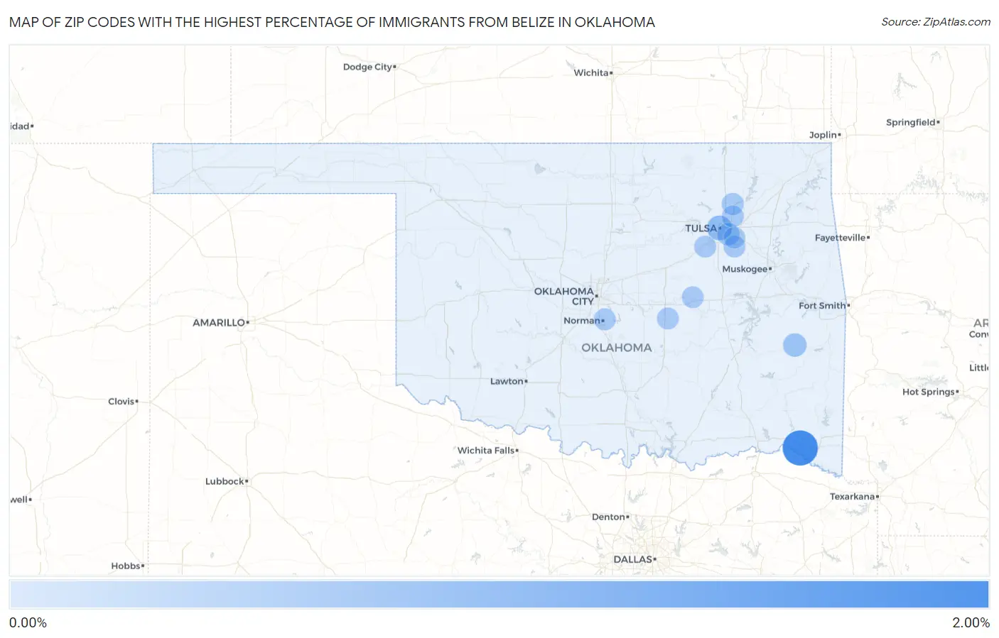 Zip Codes with the Highest Percentage of Immigrants from Belize in Oklahoma Map