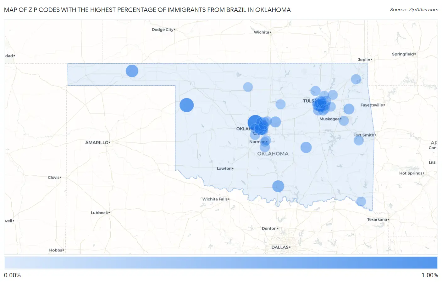Zip Codes with the Highest Percentage of Immigrants from Brazil in Oklahoma Map