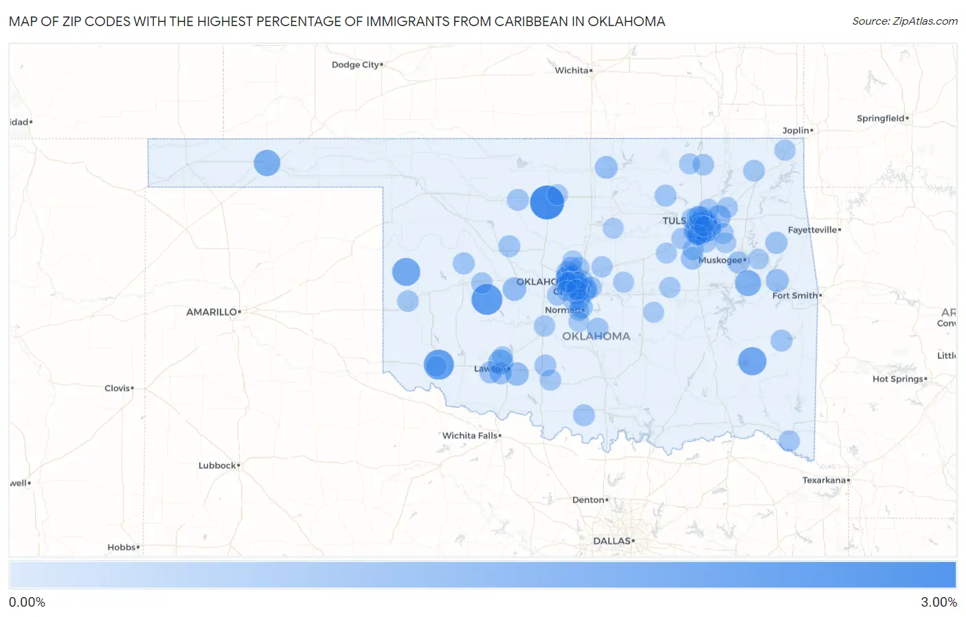 Zip Codes with the Highest Percentage of Immigrants from Caribbean in Oklahoma Map