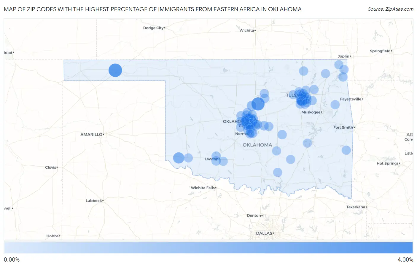 Zip Codes with the Highest Percentage of Immigrants from Eastern Africa in Oklahoma Map