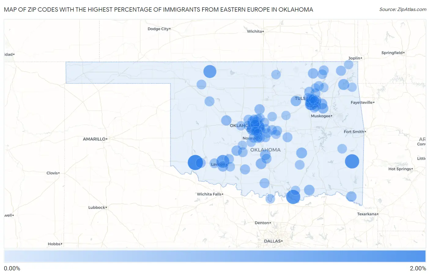 Zip Codes with the Highest Percentage of Immigrants from Eastern Europe in Oklahoma Map