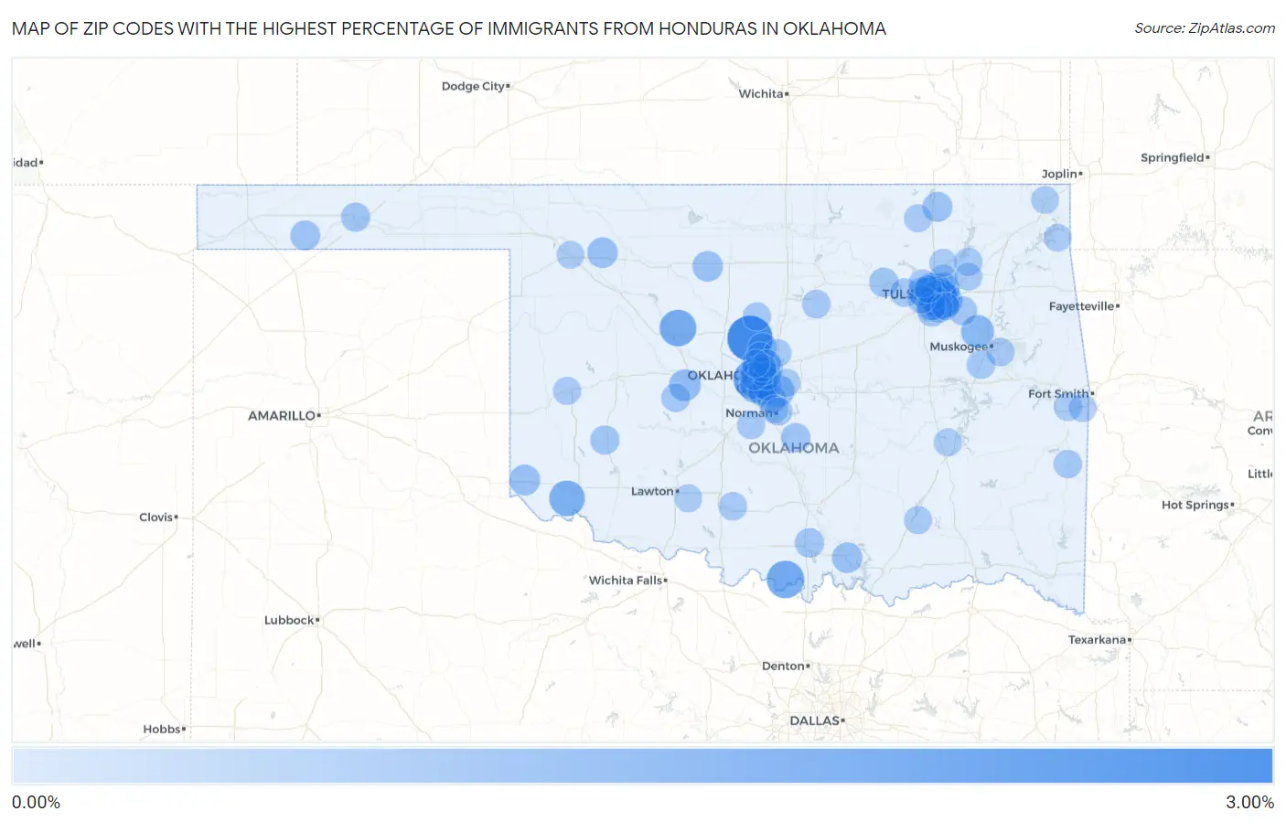 Zip Codes with the Highest Percentage of Immigrants from Honduras in Oklahoma Map