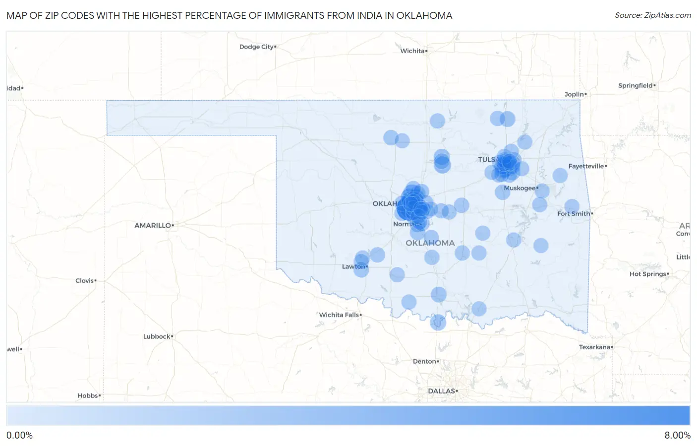 Zip Codes with the Highest Percentage of Immigrants from India in Oklahoma Map