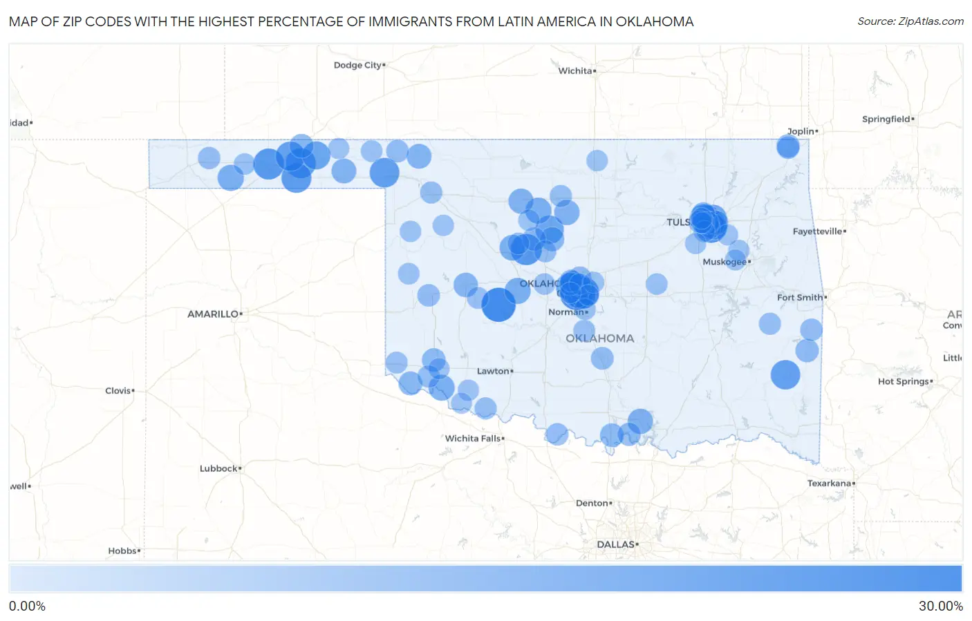 Zip Codes with the Highest Percentage of Immigrants from Latin America in Oklahoma Map